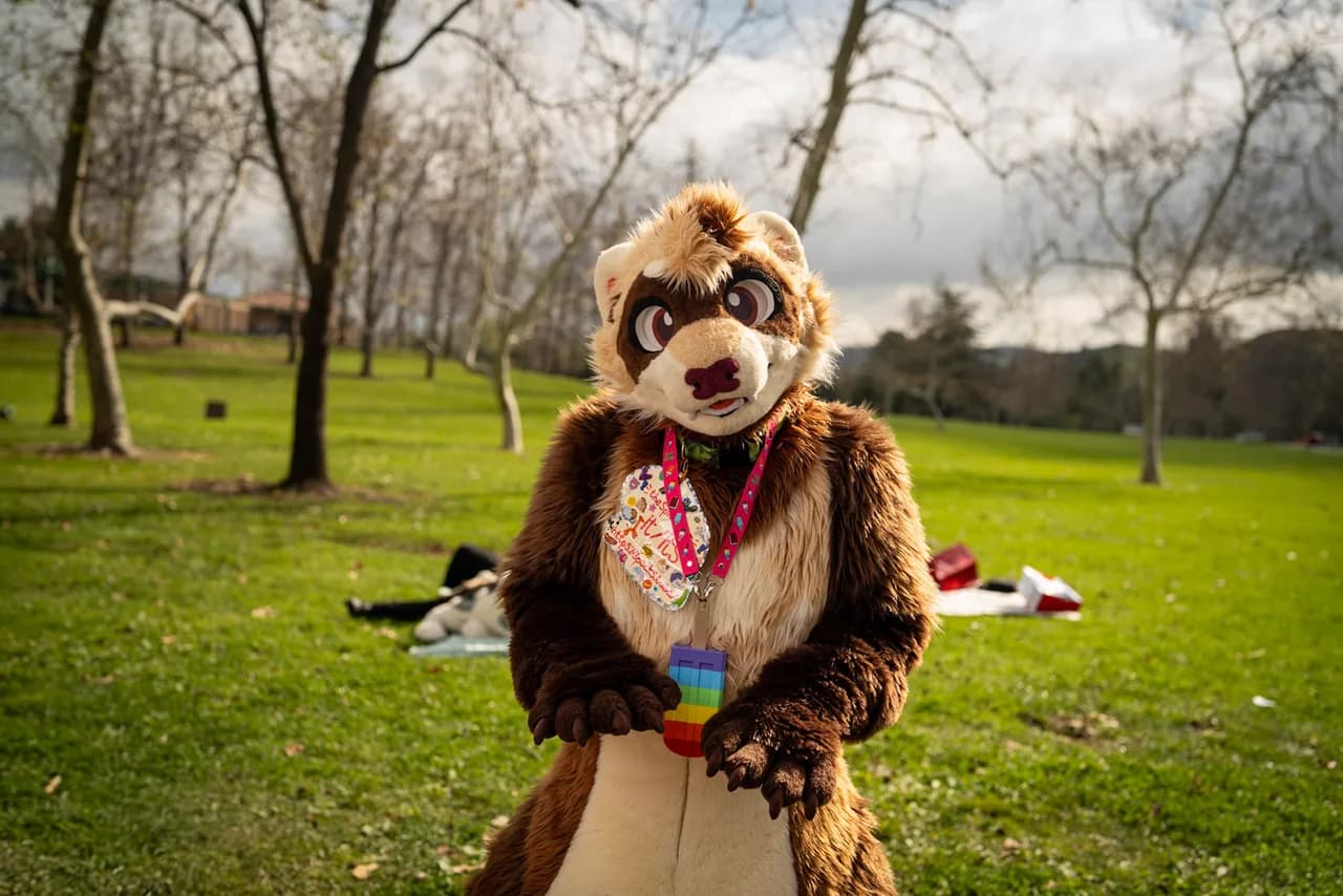 A person in a brown and cream animal costume stands on grass with both paws held forward. Costumes photo 5 of 20.