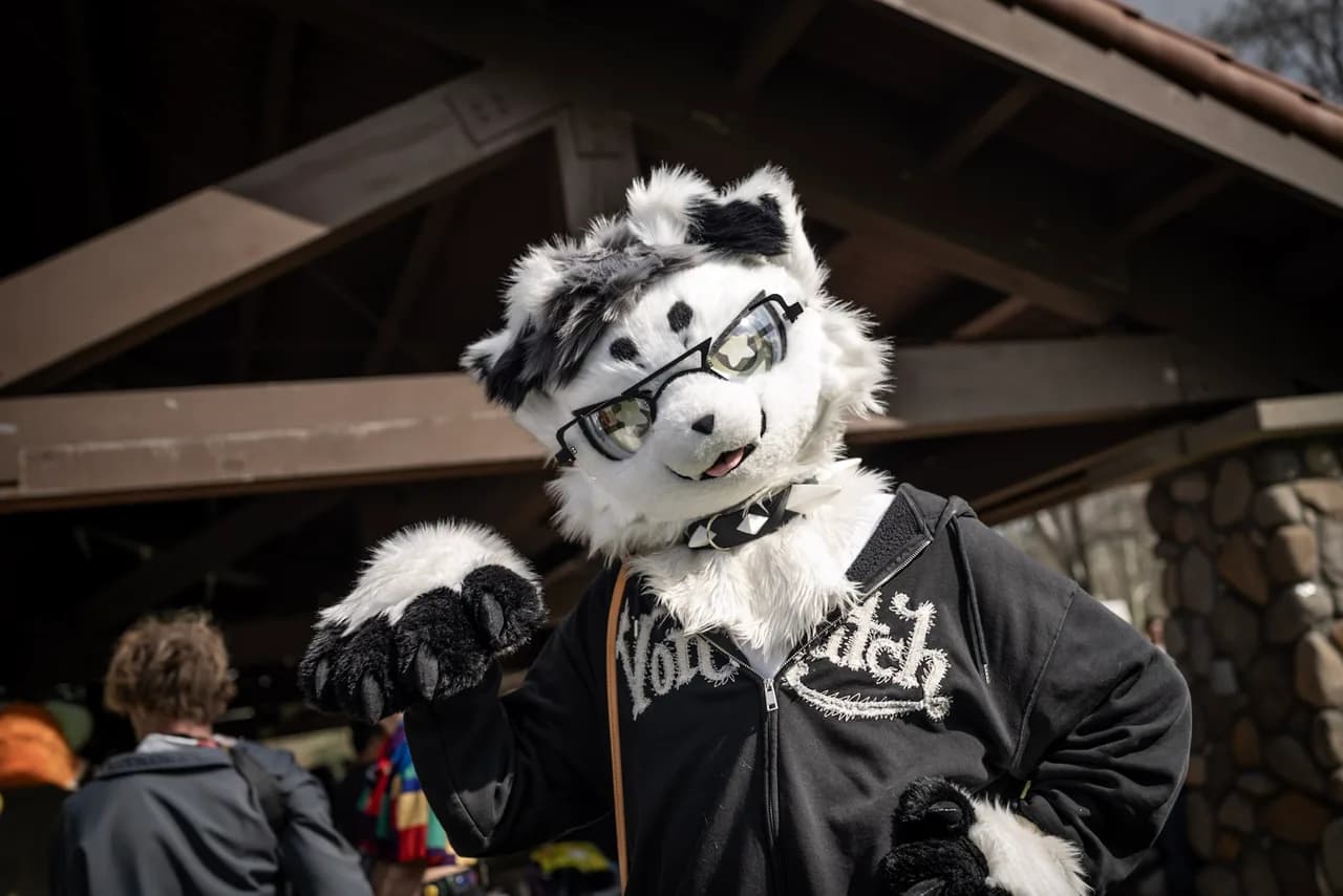 A person in a black and white spotted cat costume wears glasses and a black jacket outside a stone pavilion. Costumes photo 8 of 20.
