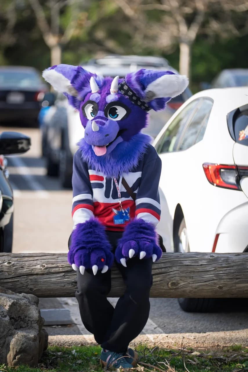 A person in a purple horned animal costume sits on a wooden rail in front of parked cars. Costumes photo 14 of 20.