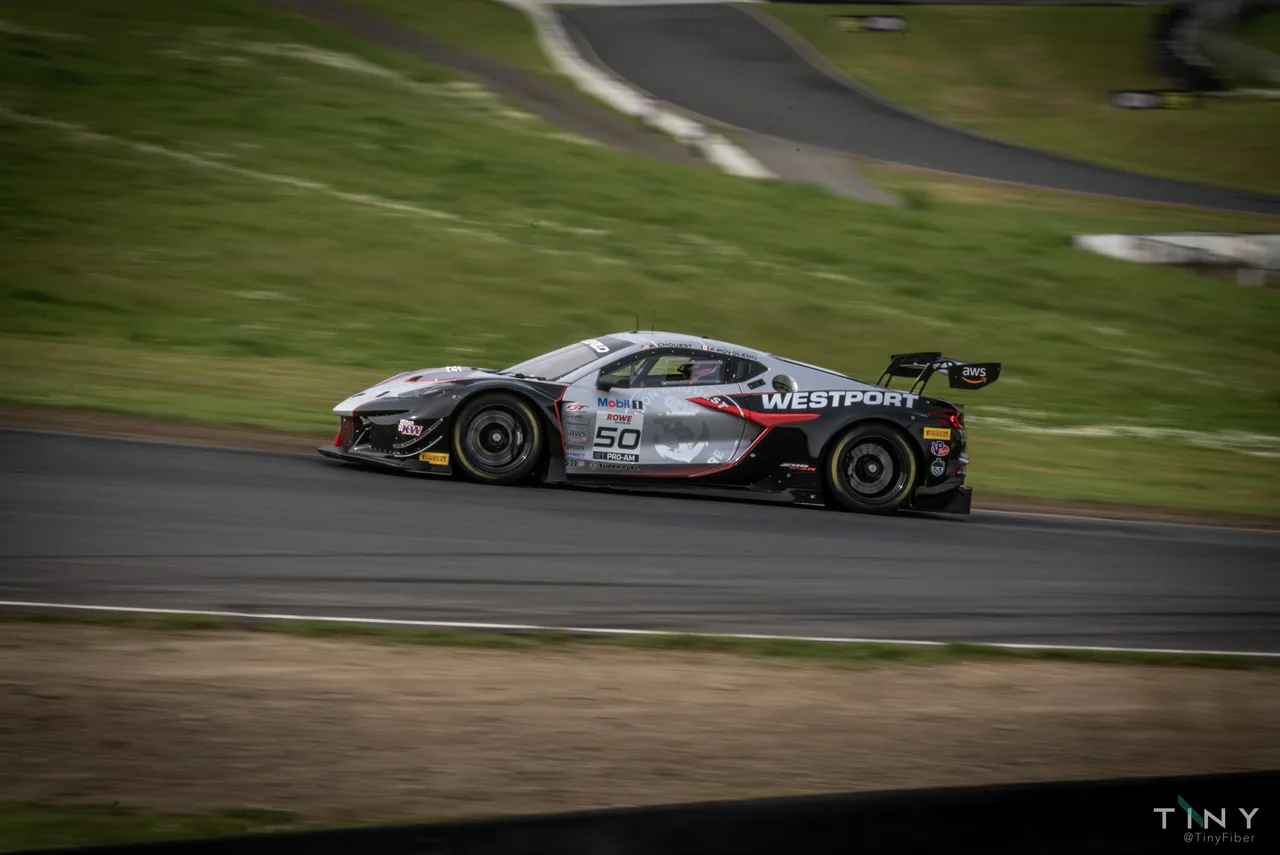 Silver, black and red number 50 race car passing a green hillside, with the background blurred by panning